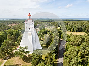 Historical old KÃµpu lighthouse (Kopu lighthouse), Hiiumaa island, Estonia aerial drone photo. Birds eye view