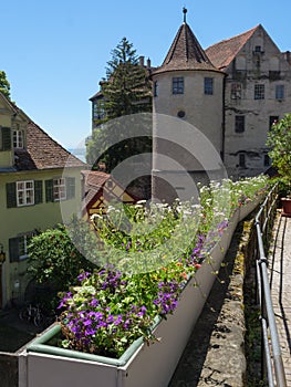 Historical old town of Meersburg with traditional houses at the Lake Constance in Germany.