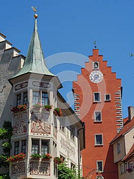 Historical old town of Meersburg with traditional houses at the Lake Constance in Germany.