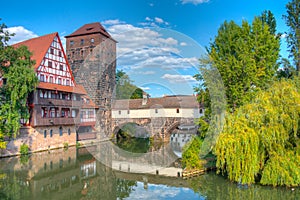 Historical old town with view of Weinstadel building, water towe