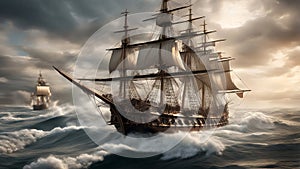 Historical painting of late 18th early 19th century Large Sailing Ship, created with Generative AI technology