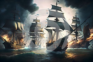 Historical painting of Sea battle in late 18th early 19th century, Ships ablaze, created with Generative AI