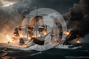 Historical painting of Sea battle in late 18th early 19th century, Ships ablaze, created with Generative AI technology