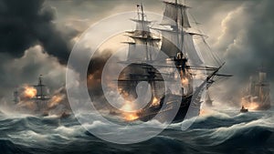 Historical painting of Sea battle in late 18th early 19th century, Ships ablaze, created with Generative AI technology