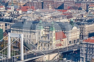 Historical part of city Budapest, Hungary with old buildings and Elisabeth Bridge.