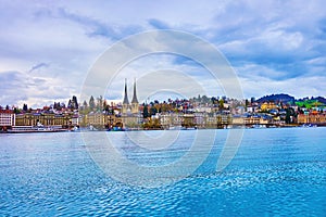Historical part of Lucerne city with spires of St. Leodegar im Hof, Switzerland