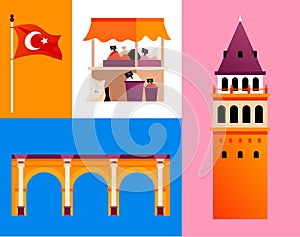 Historical places in Turkey - set of flat design style illustrations