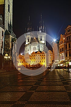 Historical Prague Square with Our Lady at Night