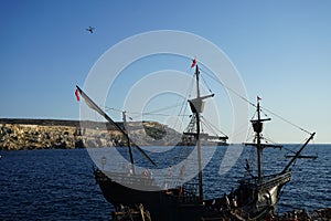 Historical reconstruction of a Turkish merchant ship at Paradise Bay. Ð¡irkewwa, Mellieha, Malta