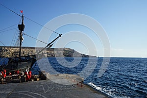 Historical reconstruction of a Turkish sailing ship at the Paradise Bay pier. Ð¡irkewwa, Mellieha, Malta
