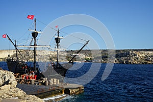 Historical reconstruction of a Turkish sailing ship at the Paradise Bay pier. Ð¡irkewwa, Mellieha, Malta