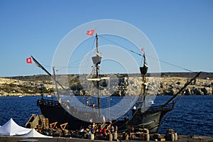 Historical reconstruction of a Turkish sailing ship at the Paradise Bay pier. Ð¡irkewwa, Mellieha, Malta