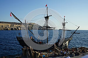 Historical reconstruction of a Turkish sailing ship at the Paradise Bay pier. Ð¡irkewwa, Mellieha, Malta