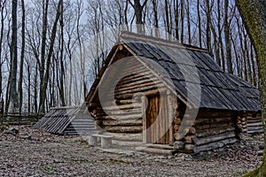 Historical reconstruction of wooden clapboard medieval cabin in hillfort BojnÃÂ¡, Slovakia. photo