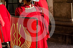 Historical reenactment detail with roman legionary soldiers uniforms