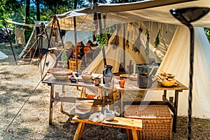 Historical reenactment of Slavic or Vikings tribe tent camp in Cedynia