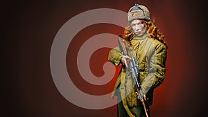 Historical reenactment of soviet union army by pretty girl with