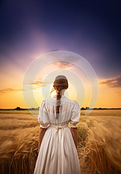 Historical representation of a pretty young pioneer mennonite woman with long braid hair and white dress