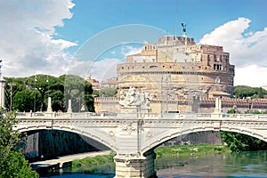 Historical Roman architecture Castel sant`angelo reflected in the Tiber
