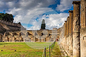 Historical ruined building with the Vesuvius mount, Pompeii