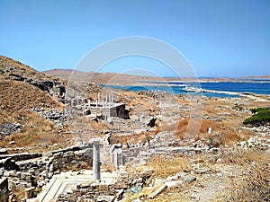 Historical Ruins in Delos Island near Mikonos, Greece.