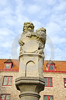 Historical sculpture with two lions in Bruges,Belgium