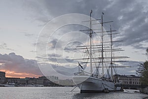 Historical ship with sunset sky