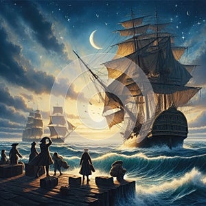 Historical Ships Sailing on Ocean at Twilight