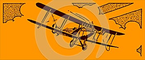 Historical single-engine biplane aircraft flying in front of a cloudy sky on an orange background