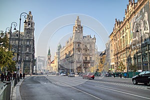 Historical square before buildings of Klotild Palota, Palace in Budapest, Hungary.