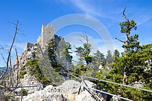 Historical St. Hilarion Castle in Kyrenia region, Northern Cyprus taken with blue sky above