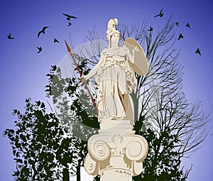 Historical statue of Athena with birds