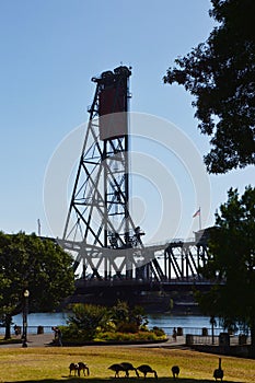 Historical Steel Bridge at the Willamette River in Downtown Portland, Oregon