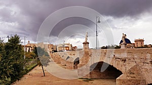 Historical stone bridge architecture in Spain Valencia city center