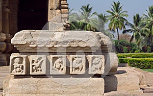 Historical stone walls of carved temple of Pattadakal, Karnataka. UNESCO World Heritage site