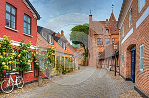 Historical street in the center of Ribe, Denmark