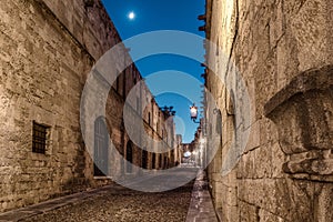 Historical Street of the Knights called Ippoton with stone houses in Old town of Rhodes city in Rhodes island, Greece