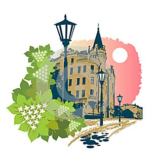 Historical street of Kyiv Andreevsky Descent and Kyiv chestnuts in spring. Symbols of Kyiv. Vector drawing