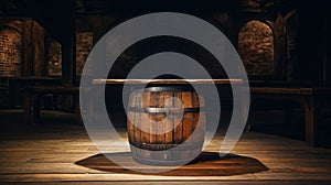 Historical-themed Wooden Barrel Table In An Empty Room