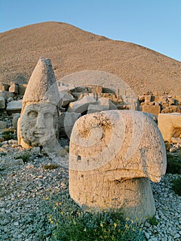 Historical touristic nemrut Mountain statues of ancient gods persian eagle god, med empire lion god, zeus, Herakles, apollon