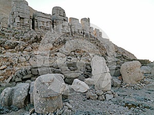 Historical touristic nemrut Mountain statues of ancient gods persian eagle god, med empire lion god, zeus, Herakles, apollon
