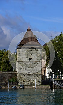 Historical Tower at the River Rhine in the Old Town of Konstanz, Baden - Wuerttemberg