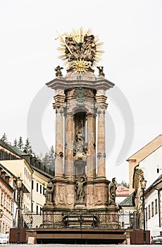 Historical Trinity square with monumental plague column in Banska Stiavnica, Slovakia