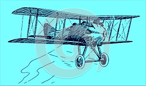 Historical two-seat sporting biplane. Illustration on a blue background after a lithography from the early 20th century. Editable