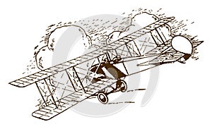 Historical two-seater biplane flying towards large clouds