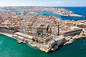 Historical Valetta, capital city of Malta, Grand harbour, Gzira and Sliema towns, Manoel Island in Marsamxett bay from above.