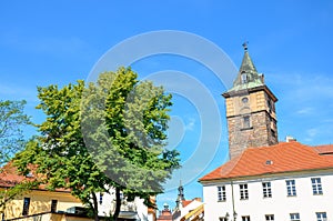 Historical Water Tower, Vodarenska vez, in Pilsen, Czech Republic on a sunny day with green tree. Plzen city, Bohemia, Czechia,