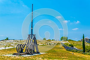 Historical weapons situated inside of the Chateau des Baux perched in Les Baux des Provence village in France