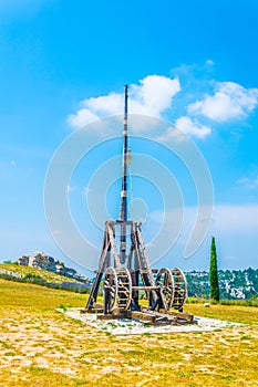 Historical weapons situated inside of the Chateau des Baux perched in Les Baux des Provence village in France