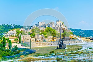 Historical weapons situated inside of the Chateau des Baux perched in Les Baux des Provence village in France